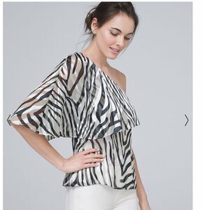 White House | Black Market One Shoulder Top in a Black and White Pattern Size 6